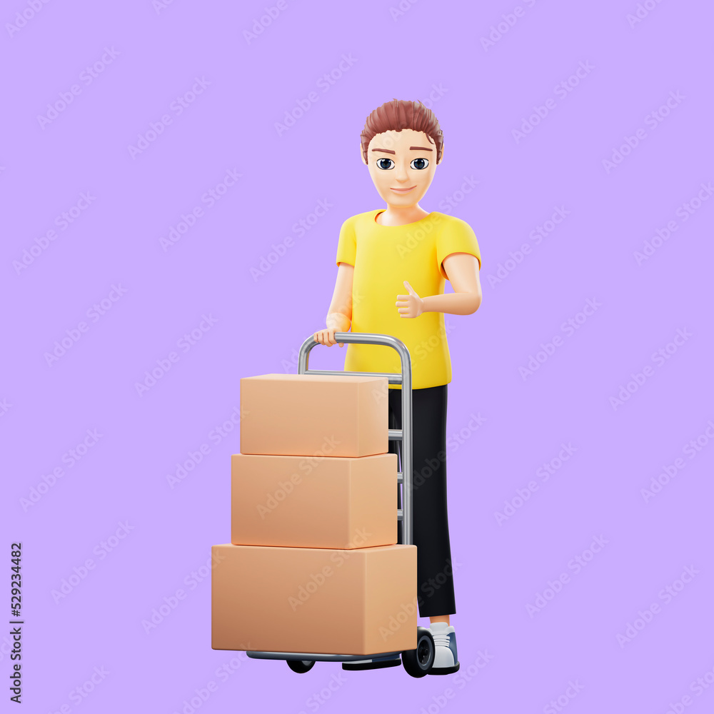 Raster illustration of man carrying a stack of boxes on a trolley and thumb up. Young guy in a yellow tshirt works as a loader, delivers parcels, presentation, delivery, purchase, order. 3d artwork Raster illustration of man carrying a stack of boxes on a trolley and thumb up. Young guy in a yellow tshirt works as a loader, delivers parcels, presentation, delivery, purchase, order. 3d artwork