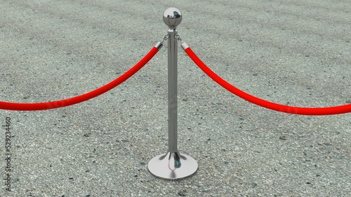 Barrier rope isolated. Silver or chrome steel bar with red fence. Perspective view. Luxury, VIP concept. Equipment for events. 3d rendering.