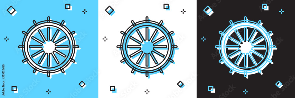 Obraz premium Set Ship steering wheel icon isolated on blue and white, black background. Vector