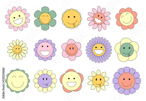 Groovy chamomile hippie 70s set vector. Funny cartoon flower in trendy retro trippy y2k style.