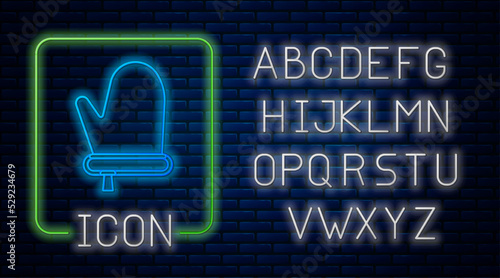 Glowing neon Oven glove icon isolated on brick wall background. Kitchen potholder sign. Cooking glove. Neon light alphabet. Vector