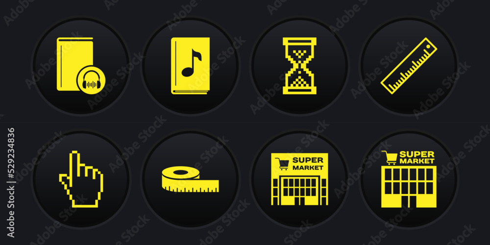 Set Pixel hand cursor, Ruler, Tape measure, Supermarket building, Hourglass pixel, Audio book, and icon. Vector Set Pixel hand cursor, Ruler, Tape measure, Supermarket building, Hourglass pixel, Audio book, and icon. Vector