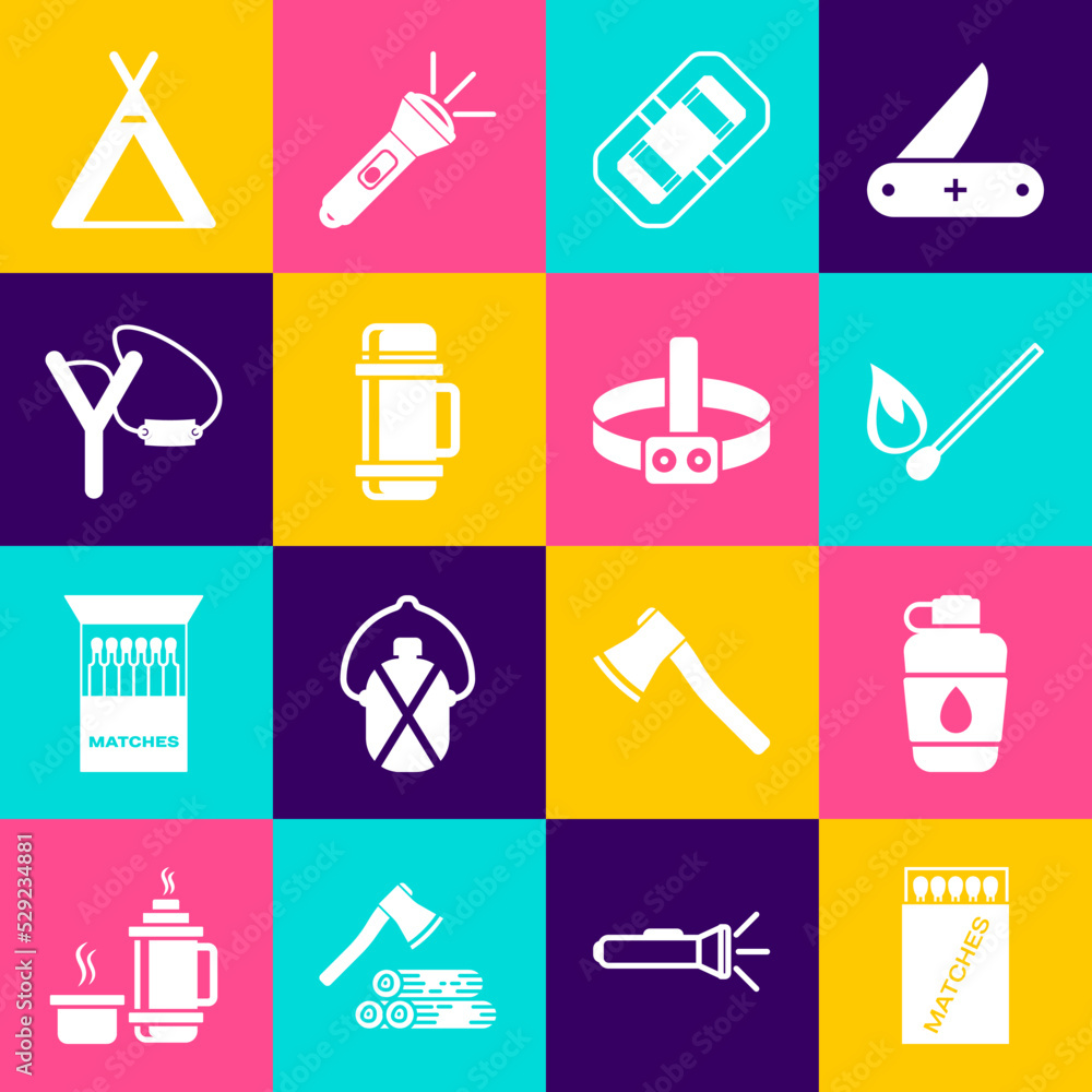 Set Open matchbox and matches, Canteen water bottle, Burning with fire, Rafting boat, Thermos container, Slingshot, Tourist tent and Head flashlight icon. Vector Set Open matchbox and matches, Canteen water bottle, Burning with fire, Rafting boat, Thermos container, Slingshot, Tourist tent and Head flashlight icon. Vector