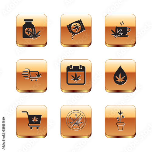 Set Medical bottle with marijuana, Shopping cart, Stop, Calendar and, Cup tea, Marijuana plant pot and or cannabis seeds icon. Vector