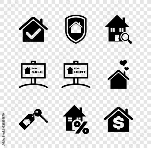 Set House with check mark, under protection, Search house, key, percant, dollar, Hanging sign For Sale and Rent icon. Vector