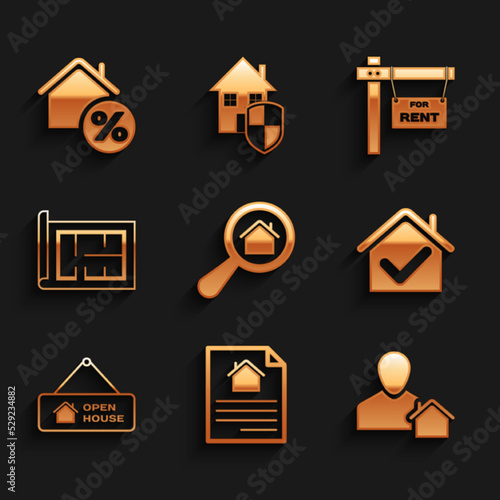 Set Search house, House contract, Realtor, with check mark, Hanging sign Open, plan, For Rent and percant icon. Vector