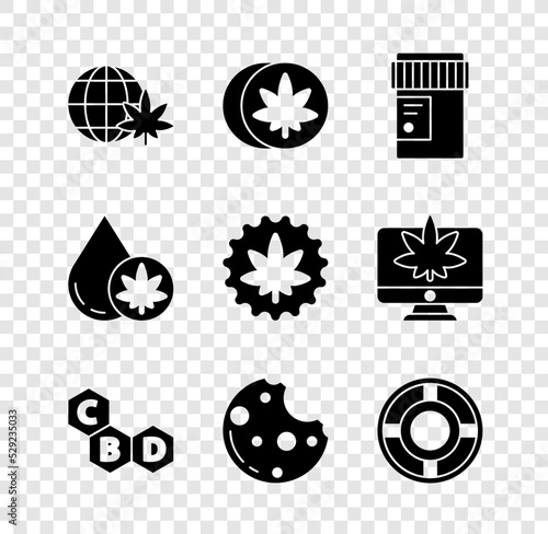 Set Legalize marijuana globe, Herbal ecstasy tablets, Medical bottle with cannabis, Cannabis molecule, Cookies, Ashtray, Marijuana or olive oil and leaf icon. Vector