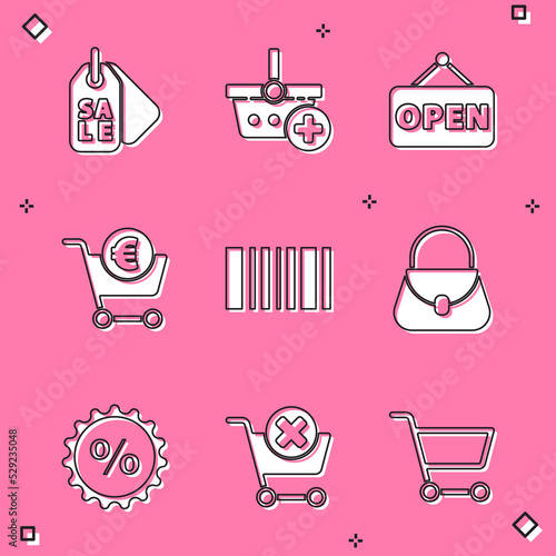 Set Price tag with Sale, Add to Shopping basket, Hanging sign Open, cart and euro, Barcode, Handbag, Discount percent and Remove shopping icon. Vector