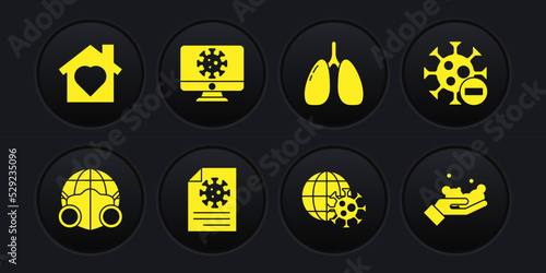 Set Earth with medical mask, Negative virus, Clipboard blood test results, globe, Lungs, Virus statistics on monitor, Washing hands soap and House heart inside icon. Vector