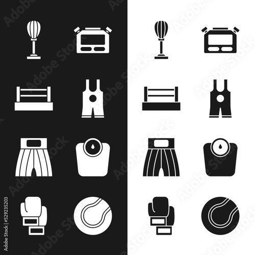 Set Wrestling singlet, Boxing ring, Punching bag, Stopwatch, short, Bathroom scales, Tennis ball and glove icon. Vector