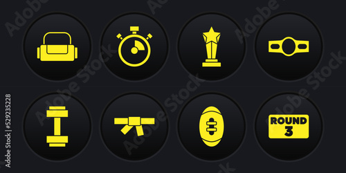 Set Dumbbell, Boxing belt, Black karate, American Football ball, Award cup, Stopwatch, ring board and Sport bag icon. Vector