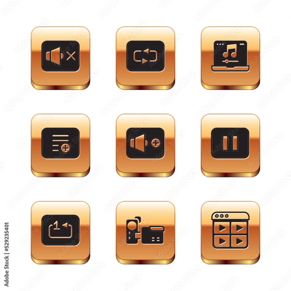 Set Speaker mute, Repeat track music player, Cinema camera, volume, Add to playlist, Laptop with, Music and button icon. Vector Set Speaker mute, Repeat track music player, Cinema camera, volume, Add to playlist, Laptop with, Music and button icon. Vector