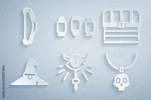 Set Magic staff, Chest, Witch hat, Necklace amulet, Bullet and Medieval bow icon. Vector