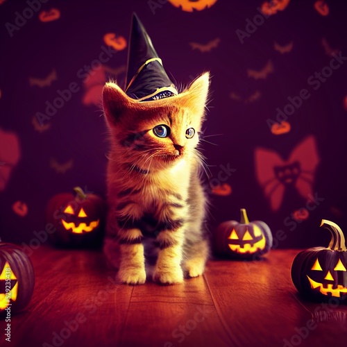 A cute computer generated kitten wearing a witches hat in a halloween setting background. A.I. generated art.