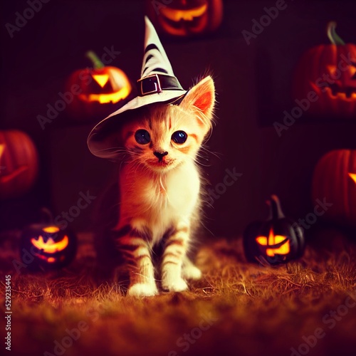 A cute computer generated kitten wearing a witches hat in a halloween setting background. A.I. generated art.
