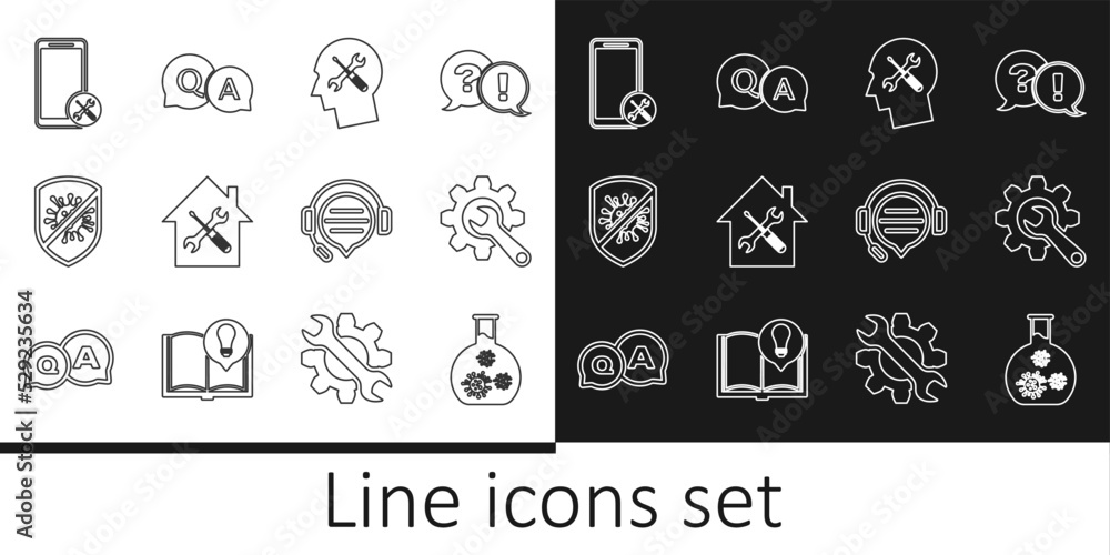 Set line Test tube with virus, Wrench and gear, Human head service, House, Stop bacteria, Mobile, Headphones speech bubble chat and Question Answer icon. Vector