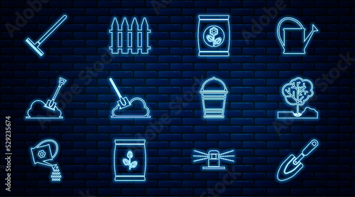 Set line Garden trowel spade or shovel, Planting tree in the ground, Fertilizer bag, Shovel, rake, Bucket and fence icon. Vector