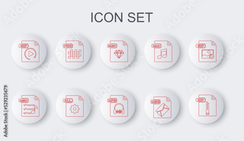 Set line ZIP file document, M3U, RUBY, MSG, GIF, PNG, DLL and MP3 icon. Vector