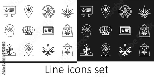Set line Shopping bag of marijuana, Stop, Test tube with, Head profile, Online buying, and Location and icon. Vector