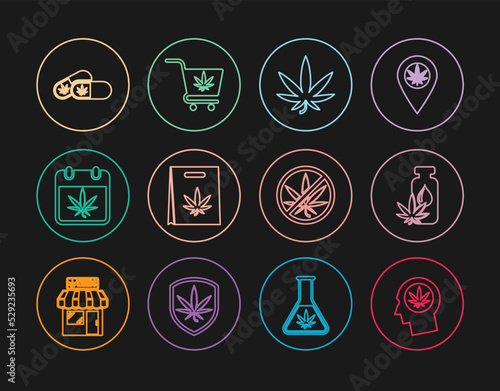 Set line Head in profile with marijuana, Marijuana or cannabis leaf oil, Shopping bag, Calendar and, Medical pills, Stop and cart icon. Vector