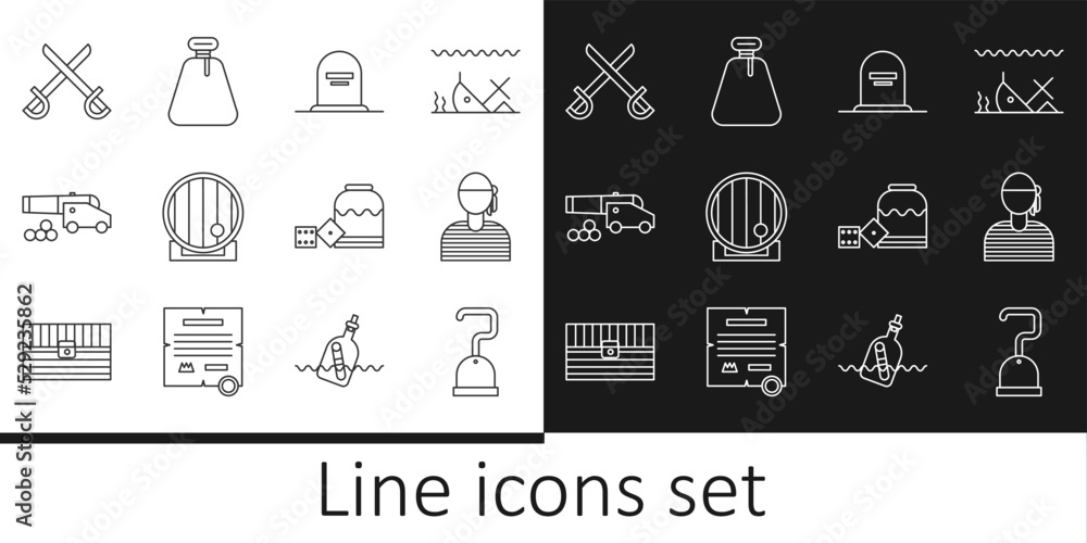 Set line Pirate hook, Sailor captain, Tombstone with RIP written, Wooden barrel, Cannon cannonballs, Crossed pirate swords, game dice and sack icon. Vector