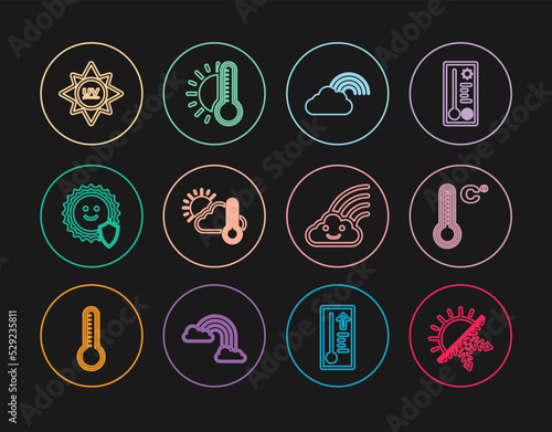 Set line Sun and snowflake, Meteorology thermometer, Rainbow with cloud, Thermometer cloud, sun, UV protection, and icon. Vector