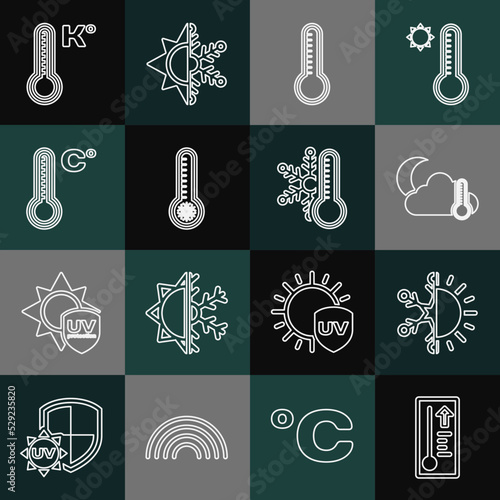 Set line Meteorology thermometer, Sun and snowflake, Thermometer cloud, moon, and with icon. Vector