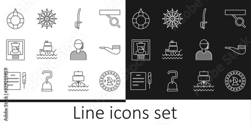 Set line Pirate coin, Smoking pipe, sword, Ship, Wanted poster pirate, Lifebuoy, Sailor captain and steering wheel icon. Vector