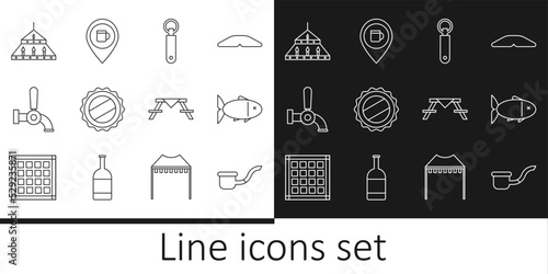 Set line Smoking pipe, Fish, Bottle opener, cap, Beer tap, Massive steel chandelier, Picnic table with benches and Alcohol or beer bar location icon. Vector