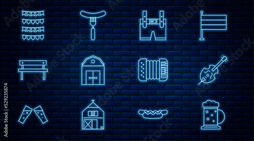 Set line Wooden beer mug, Violin, Lederhosen, Farm House, Bench, Carnival garland with flags, Accordion and Sausage the fork icon. Vector