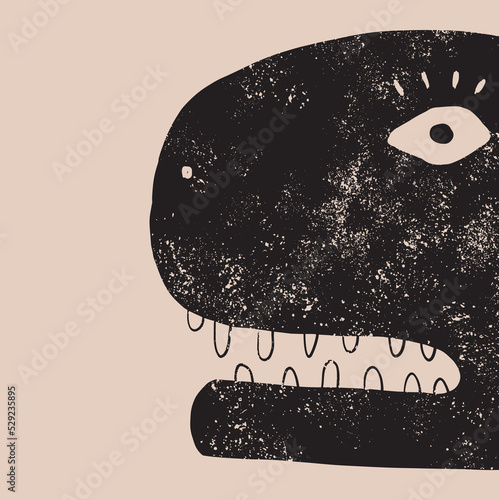 Halloween Vector Card with Scary Blac Dinosaur. Big Head of Dino on a Beige Background. Creepy Illustration with Angry Monster ideal for Card, Poster, invitation. Grunge Hand Drawn Dragon Print.