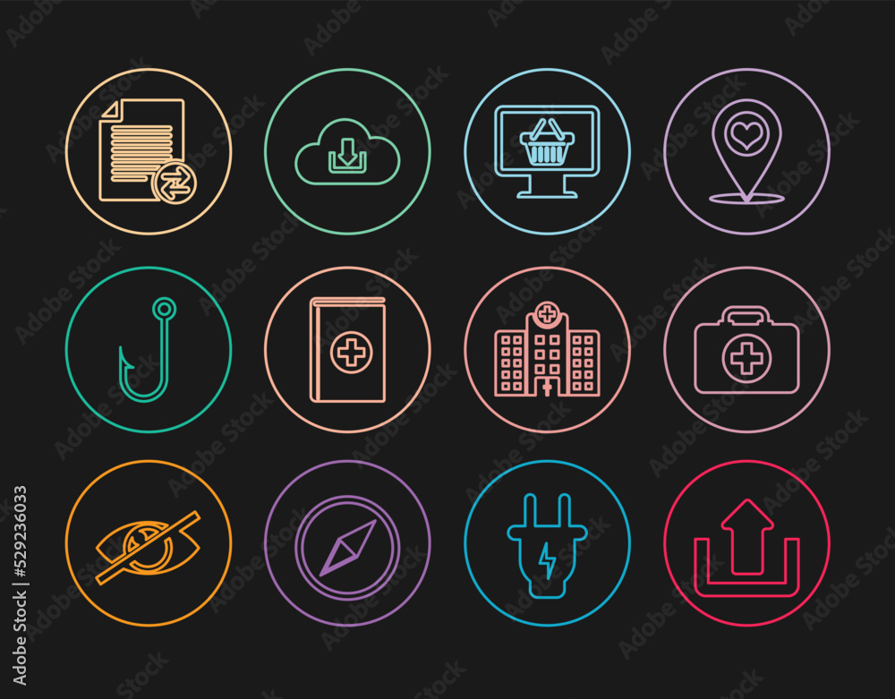 Set line Upload, First aid kit, Monitor with shopping basket, Medical book, Fishing hook, Transfer files, hospital building and Cloud download icon. Vector Set line Upload, First aid kit, Monitor with shopping basket, Medical book, Fishing hook, Transfer files, hospital building and Cloud download icon. Vector