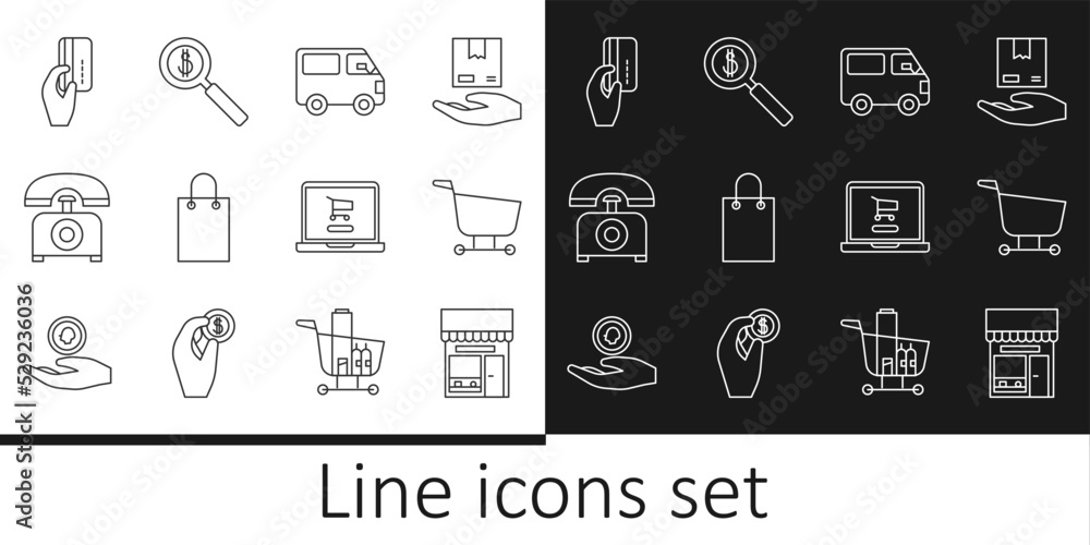 Set line Shopping building or market store, cart, Delivery cargo truck vehicle, Paper shopping bag, Telephone, Hand holding with credit card, laptop and Magnifying glass dollar icon. Vector