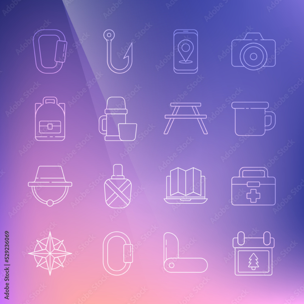 Set line Calendar with tree, First aid kit, Camping metal mug, City map navigation, Thermos container and cup, Hiking backpack, Carabiner and Picnic table benches icon. Vector Set line Calendar with tree, First aid kit, Camping metal mug, City map navigation, Thermos container and cup, Hiking backpack, Carabiner and Picnic table benches icon. Vector