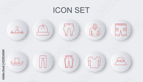 Set line Elegant women hat, Man, Pants, Long sleeve shirt, Hanger wardrobe, Winter, and icon. Vector