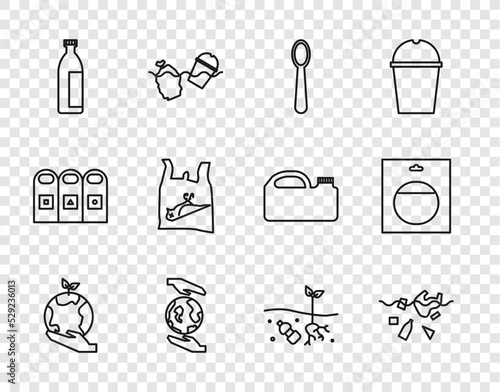 Set line Hand holding Earth globe, Problem of pollution planet, Disposable plastic spoon, Hands, Lotion cosmetic tube, Dead bird,, and Battery pack icon. Vector