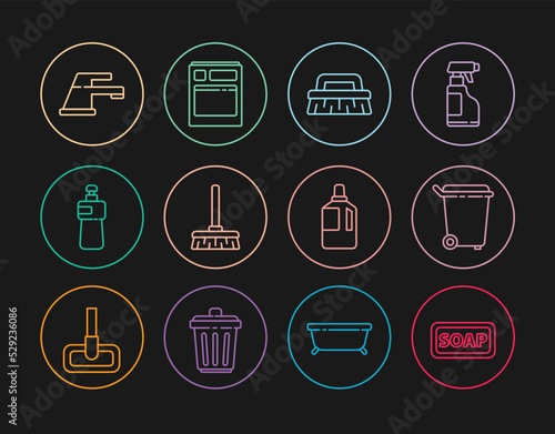 Set line Bar of soap, Trash can, Brush for cleaning, Handle broom, Dishwashing liquid bottle, Water tap, Fabric softener and Kitchen dishwasher machine icon. Vector