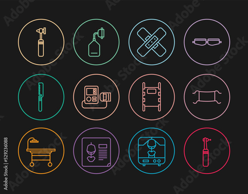 Set line Tooth drill, Medical protective mask, Crossed bandage plaster, Blood pressure, saw, otoscope tool, Stretcher and oxygen icon. Vector