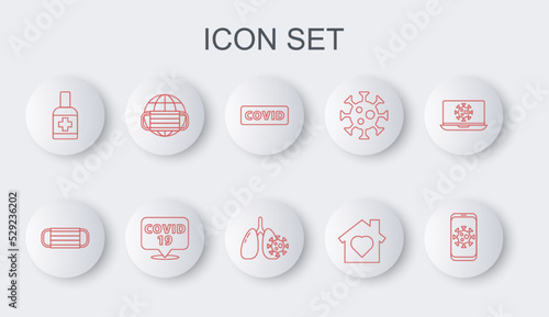 Set line Virus statistics on mobile, Medical protective mask, Corona virus covid-19, House with heart inside, Liquid antibacterial soap, Earth medical, location and cells lung icon. Vector