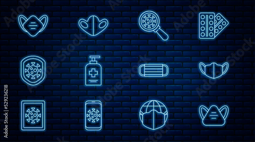 Set line Medical protective mask, Virus under magnifying glass, Liquid antibacterial soap, Shield protecting from virus, and icon. Vector