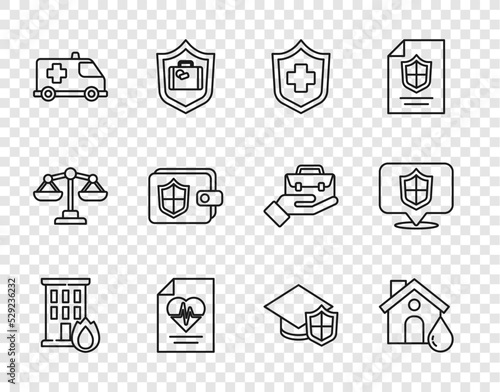 Set line Fire in burning house, House flood, Health insurance, Emergency car, Wallet with shield, Graduation cap and Location icon. Vector