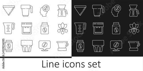 Set line V60 coffee maker, Coffee bean, branch, Barista, machine, Jug glass with water, paper filter, Bag beans and cup icon. Vector