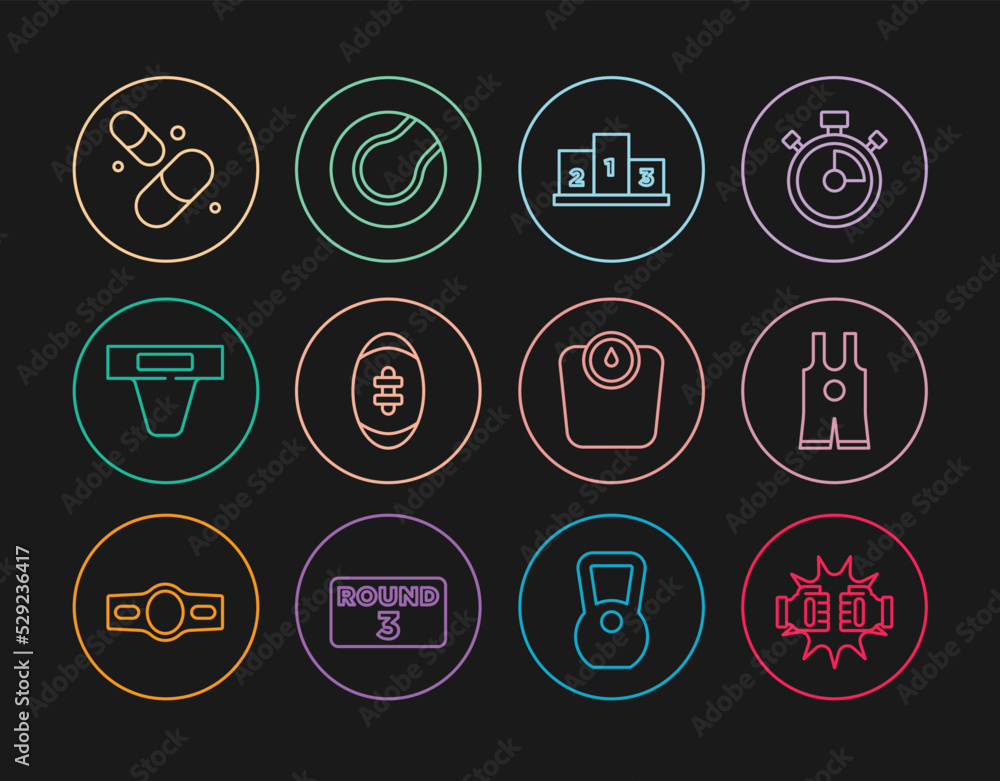 Set line Punch in boxing gloves, Wrestling singlet, Award over sports winner podium, American Football ball, Groin guard, Vitamin pill, Bathroom scales and Tennis icon. Vector Set line Punch in boxing gloves, Wrestling singlet, Award over sports winner podium, American Football ball, Groin guard, Vitamin pill, Bathroom scales and Tennis icon. Vector