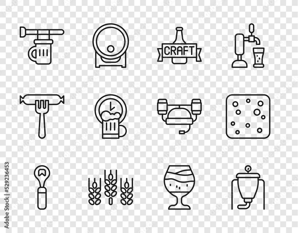 Set line Bottle opener, Beer brewing process, bottle, Wheat, Signboard with glass of beer, Happy hour, Glass and bubbles icon. Vector Set line Bottle opener, Beer brewing process, bottle, Wheat, Signboard with glass of beer, Happy hour, Glass and bubbles icon. Vector