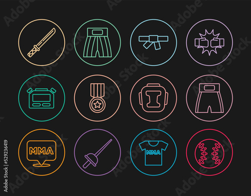 Set line Baseball ball, Boxing short, Black karate belt, Medal, Stopwatch, Japanese katana, helmet and icon. Vector