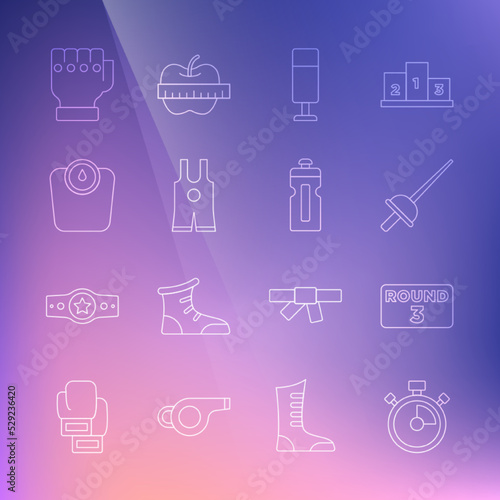 Set line Stopwatch, Boxing ring board, Fencing, Punching bag, Wrestling singlet, Bathroom scales, MMA glove and Fitness shaker icon. Vector