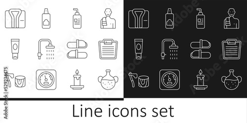 Set line Essential oil bottle, Bathroom scales, Cream or lotion cosmetic tube, Shower, Bathrobe, Sauna slippers and Spray can for hairspray icon. Vector