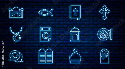 Set line Easter cake, Dharma wheel, Holy bible book, Star and crescent, on chain, Muslim Mosque, and Christian fish icon. Vector