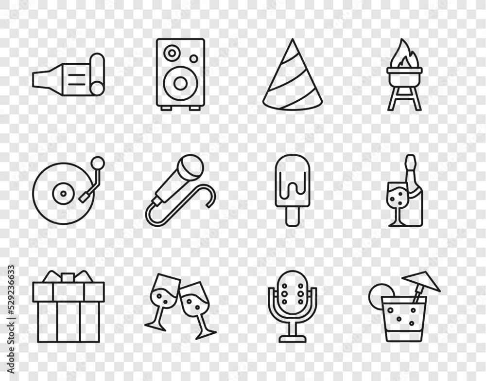 Fototapeta premium Set line Gift box, Cocktail, Party hat, Glass of champagne, Birthday party horn, Microphone, and Champagne bottle icon. Vector