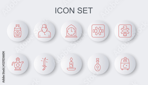 Set line Donate or pay your zakat, Islamic teapot, Clock, Lute, Bottle of water, Muslim man, Arabian saber and Burning candle icon. Vector